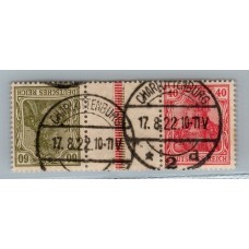 ALEMANIA 1921 TIRA DE 3 ESTAMPILLAS SE-TENANT ZUSAMMENDRUCKE USADO QUE ES MUCHO MAS ESCASO MICHEL KZ6 RARISIMO 500 €